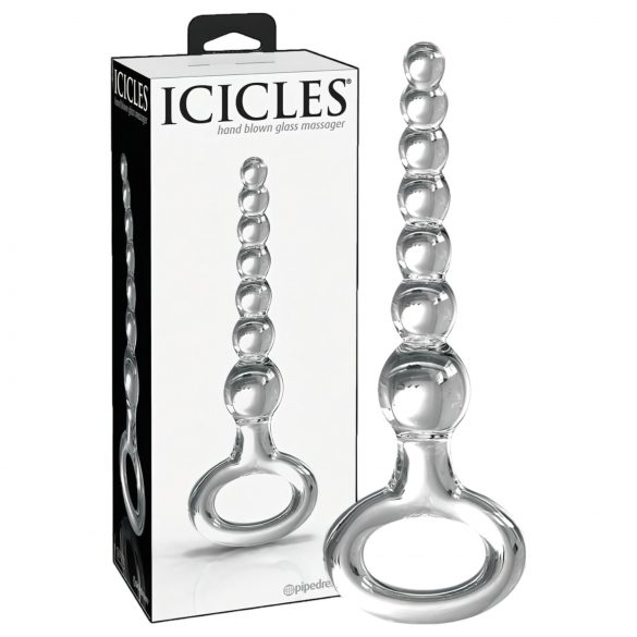 Icicles No. 67 - stakleni dildo s kuglom i prstenom za držanje (prozirni)