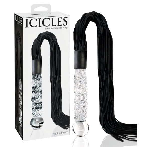 Icicles br. 38 - kožni bič, valoviti stakleni dildo (prozirno-crni) 