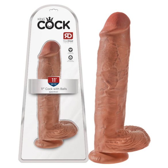 King Cock 11 - veliki dildo s testisima i vakuumskim čašicama (28 cm) - tamno prirodan 