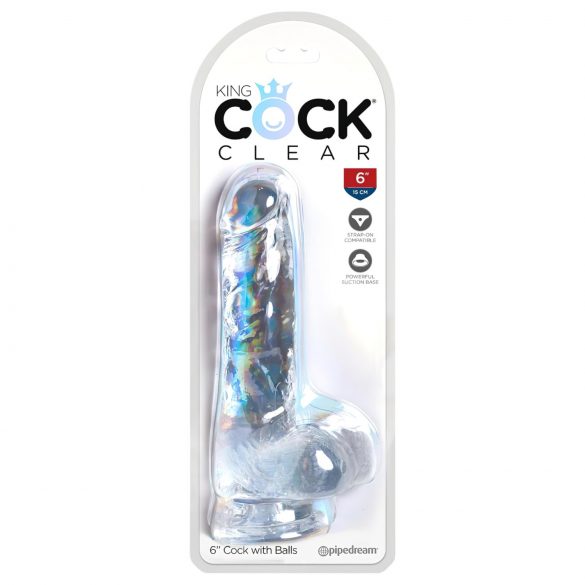 King Cock Clear 6 - mali dildo s testisima i vakuumskim postoljem (15 cm)