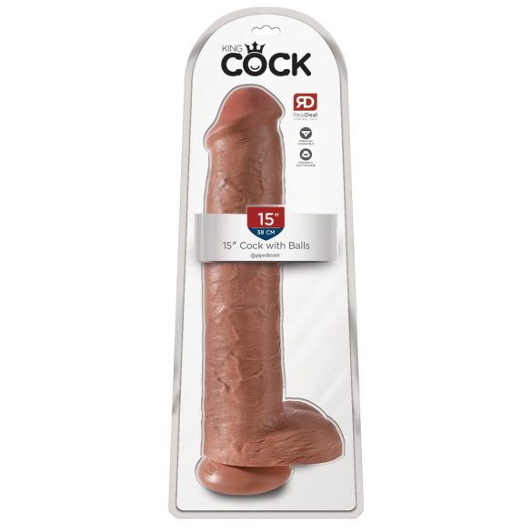 King Cock 15 - ogroman dildo s testisima i s podlogom (38 cm) - tamno prirodne boje