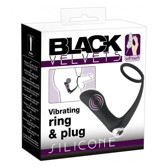 Black Velvet - silikonski analni vibrator na baterije s prstenom za penis (crni) 