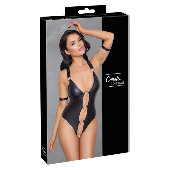 Cottelli Bondage - sjajni, prstenasti, otvoreni body (crni) - M