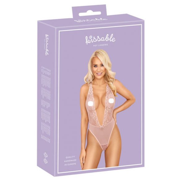 Kissable - dekoltirani bodi od čipke (ružičasti)  - L/XL