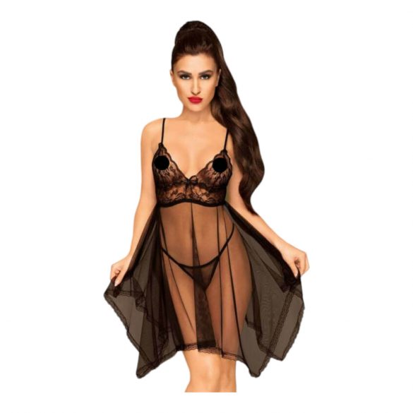 Penthouse Naughty Doll - asimetrična čipkasta haljina s tangama (crna)  - L/XL