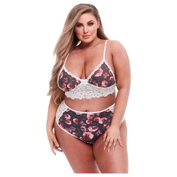 Baci Plus Size - cvjetni, čipkasti grudnjak set, s visokim strukom